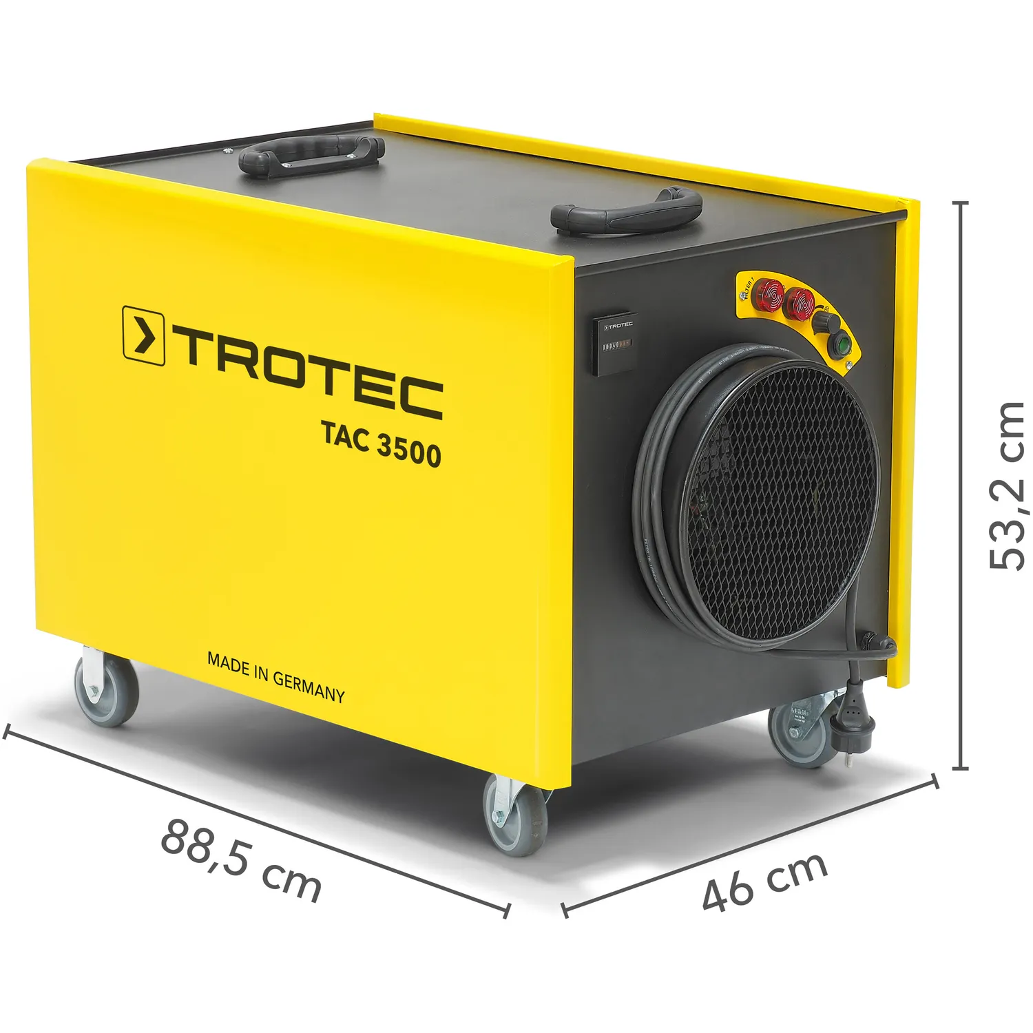 TROTEC Luftreiniger TAC 3500 mit Maßangaben: 88,5 cm lang, 46 cm breit, 53,2 cm hoch