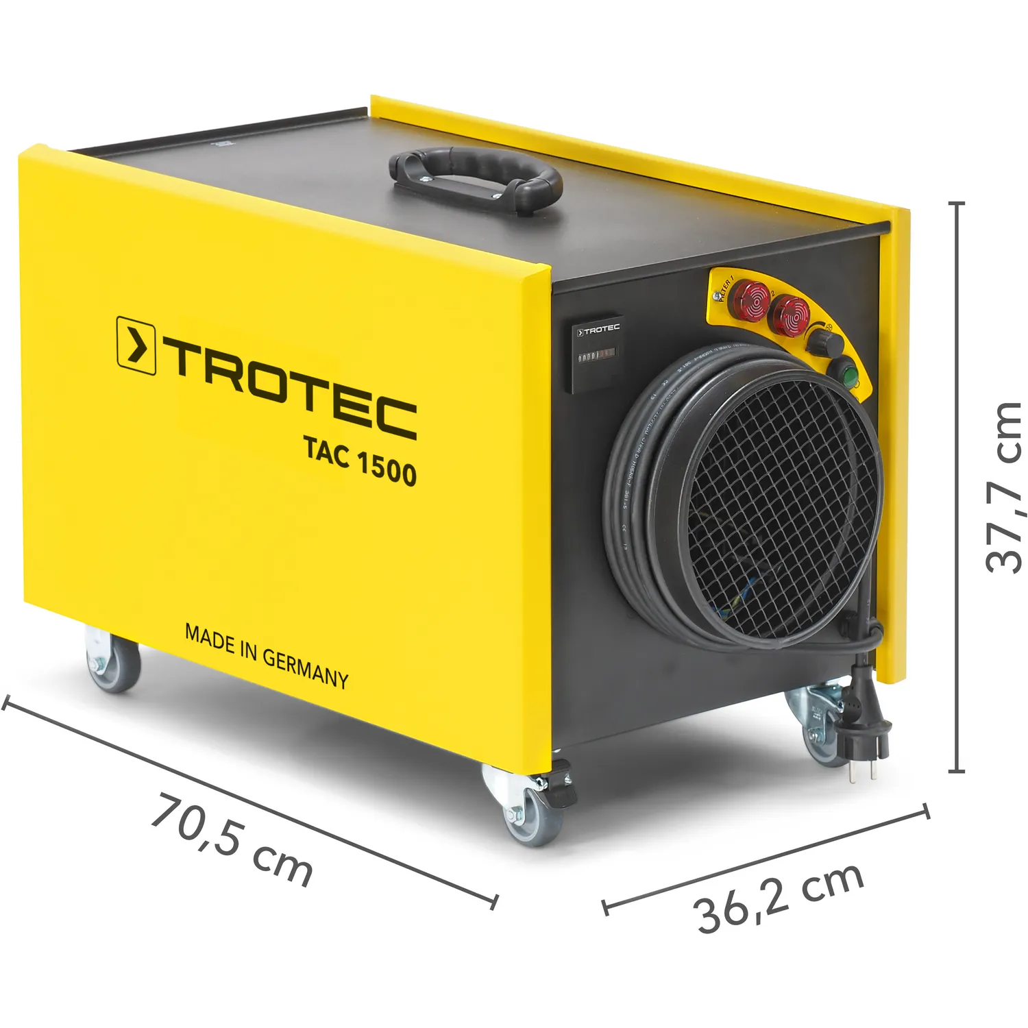TROTEC Luftreiniger TAC 1500 mit Maßangaben: 70,5 cm lang, 36,2 cm breit, 37,7 cm hoch
