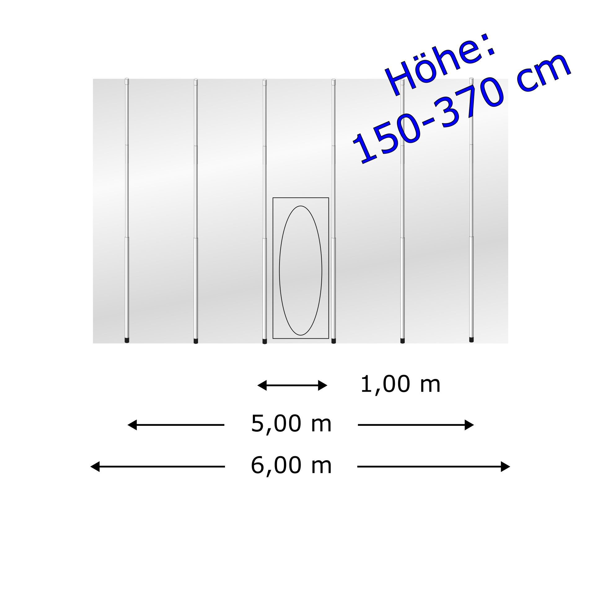 Staubschutzwand solidWALL 6,00 x 3,70 m Komplett-Paket – Ansicht, Duschvorhanghalter, Halterung, Glaswand, Tür, Ovalfenster