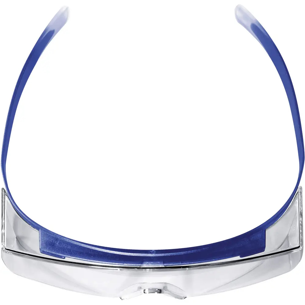 uvex Schutzbrille super OTG 9169.260 von oben mit geöffneten blauen Bügeln