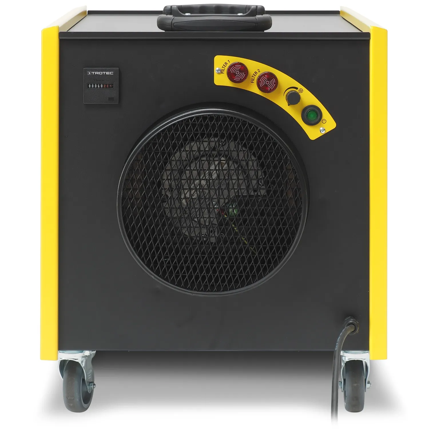 TROTEC Luftreiniger TAC 3500, Stirnseite mit Bedienfeld, Ventilatoröffnung und Netzkabel