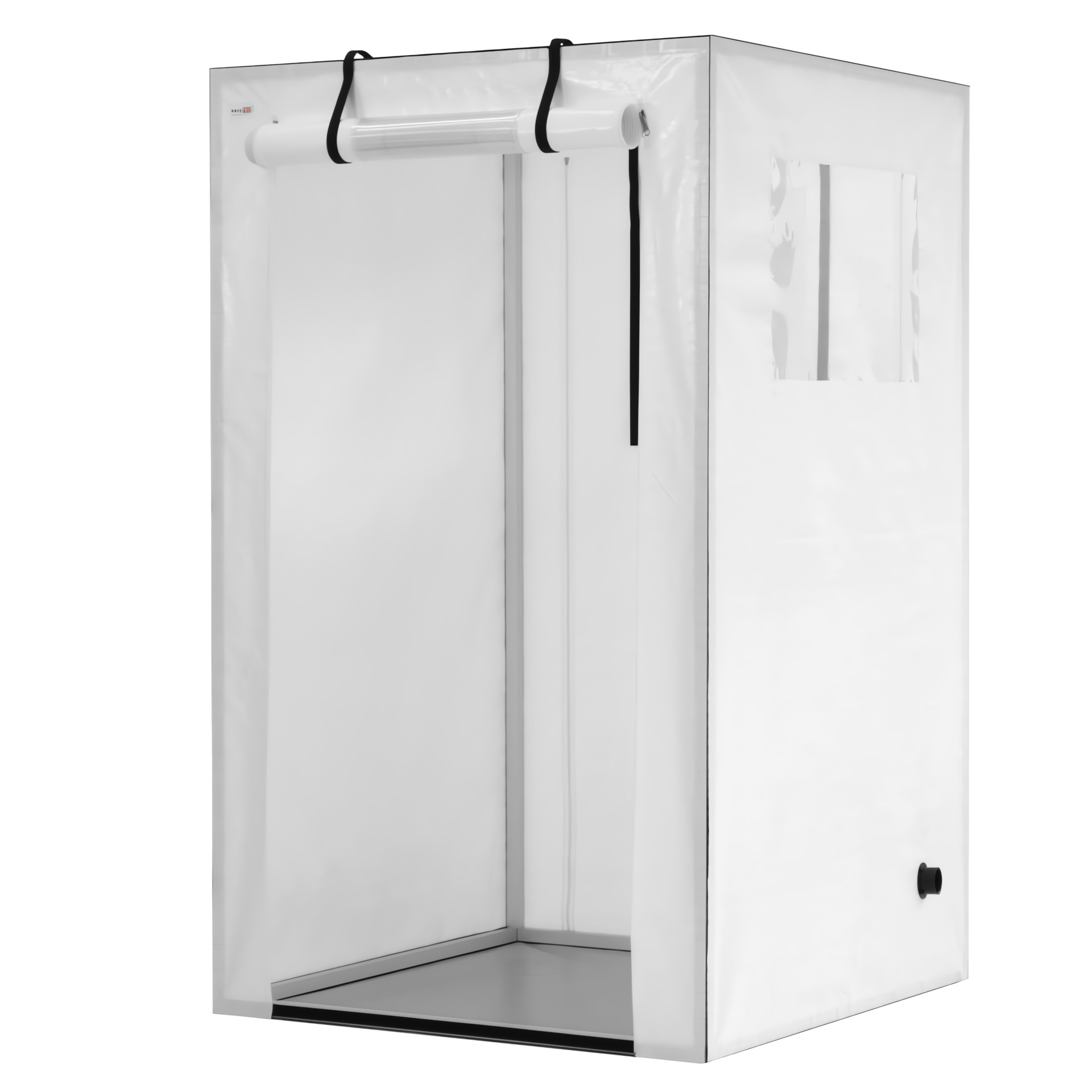 easyTEC Ein-Kammer-Schleuse als Personenschleuse mit offener Reißverschlusstür und sichtbaren Ausstattungsaoptionen easyTEC Ein-Kammer-Schleuse als Personenschleuse mit offener Reißverschlusstür und sichtbaren Ausstattungsoptionen