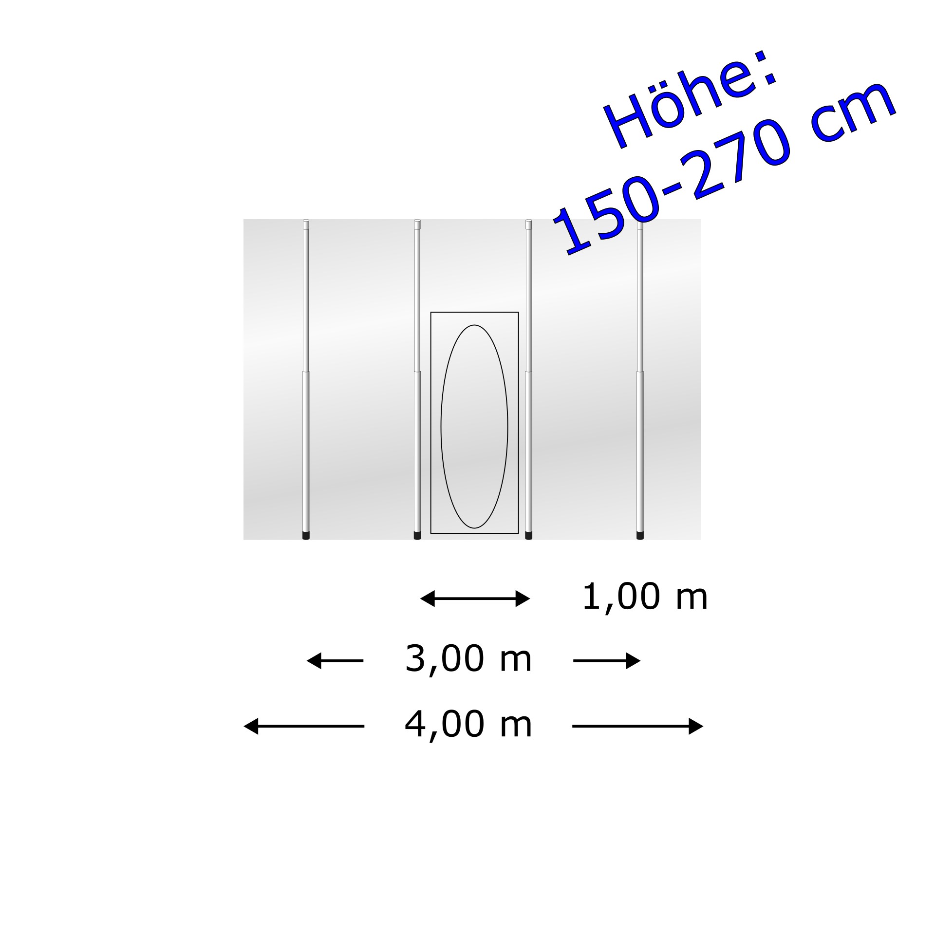 Staubschutzwand solidWALL 4,00 x 2,70 m Komplett-Paket – Ansicht, stehende impaktplatte, installationsdiagramm, abmessungen 1,00 m, höhe 150-270 cm, faltbares türenpaneel