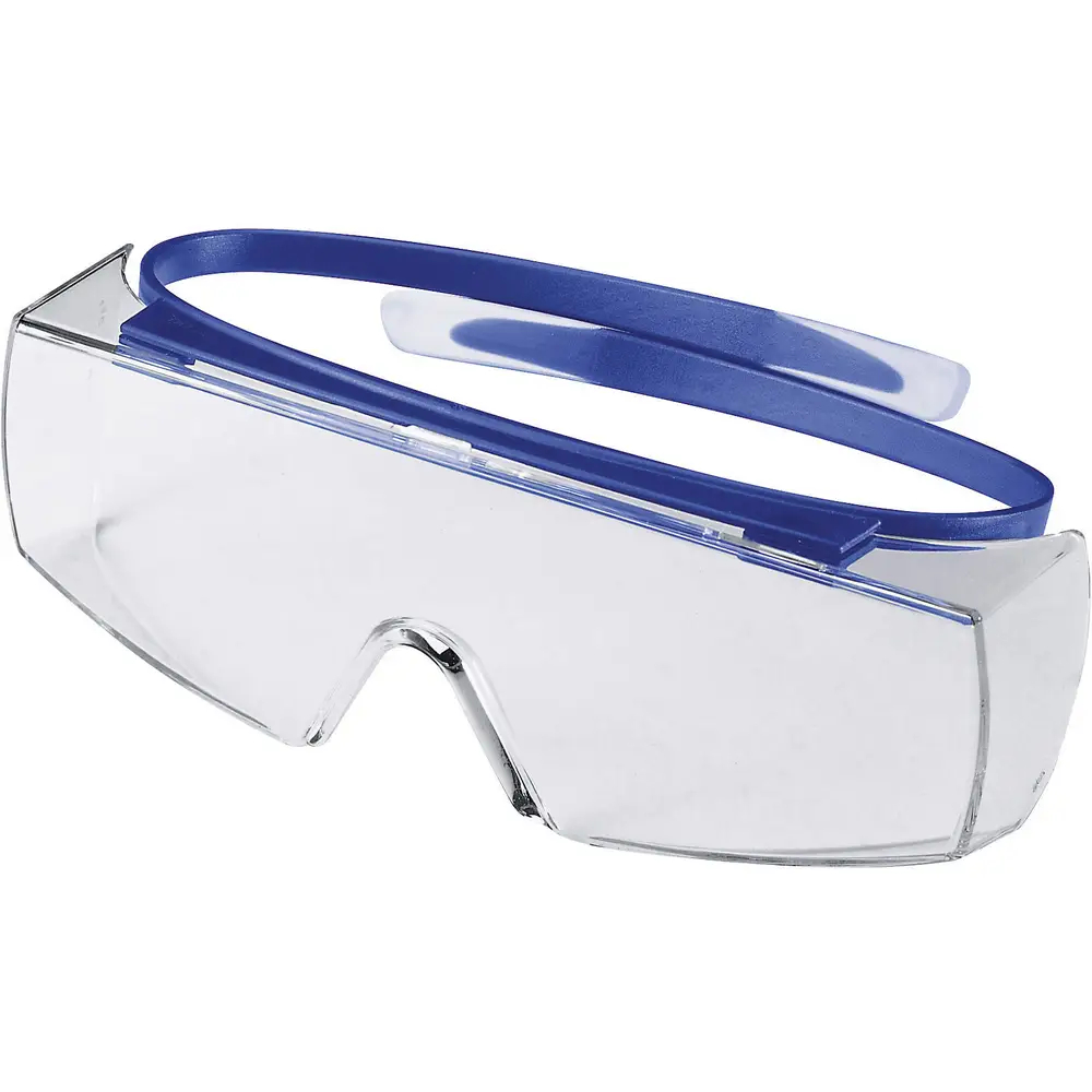 uvex Schutzbrille super OTG 9169.260 mit klarer Scheibe und blauen Bügeln, Schrägansicht
